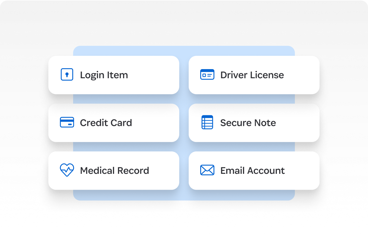 1Password 个人和家庭密码管理器可存储的各类信息图示。 