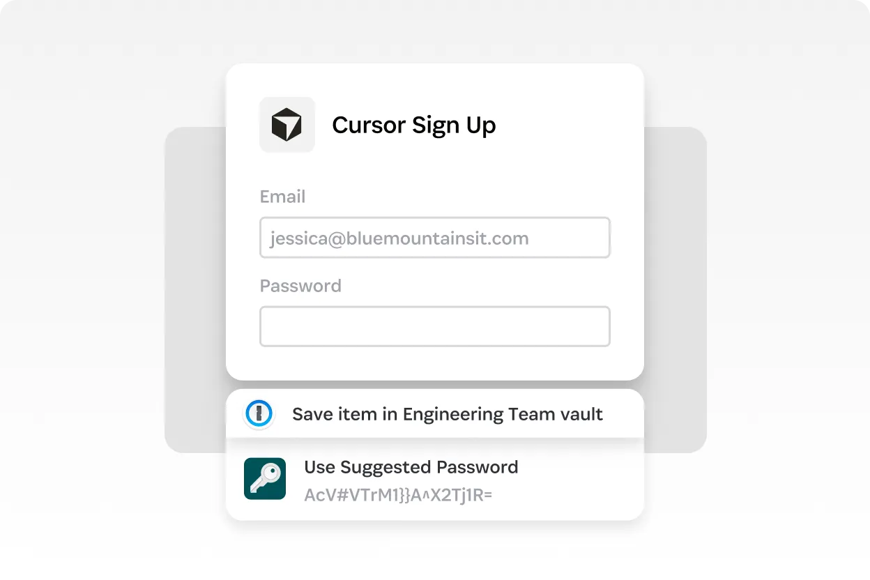 Sign-up form with 1Password prompting to save the login in a team vault and use a suggested strong password.
