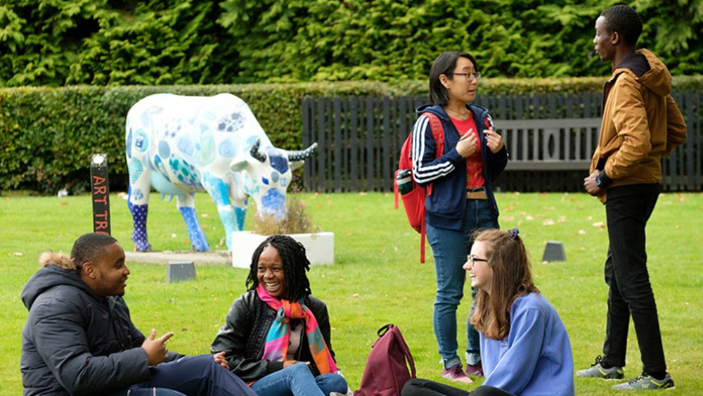 A group of international students at Heriot-Watt University in Edinburgh sit and stand on a lawn in front of a cow sculpture and have a conversation