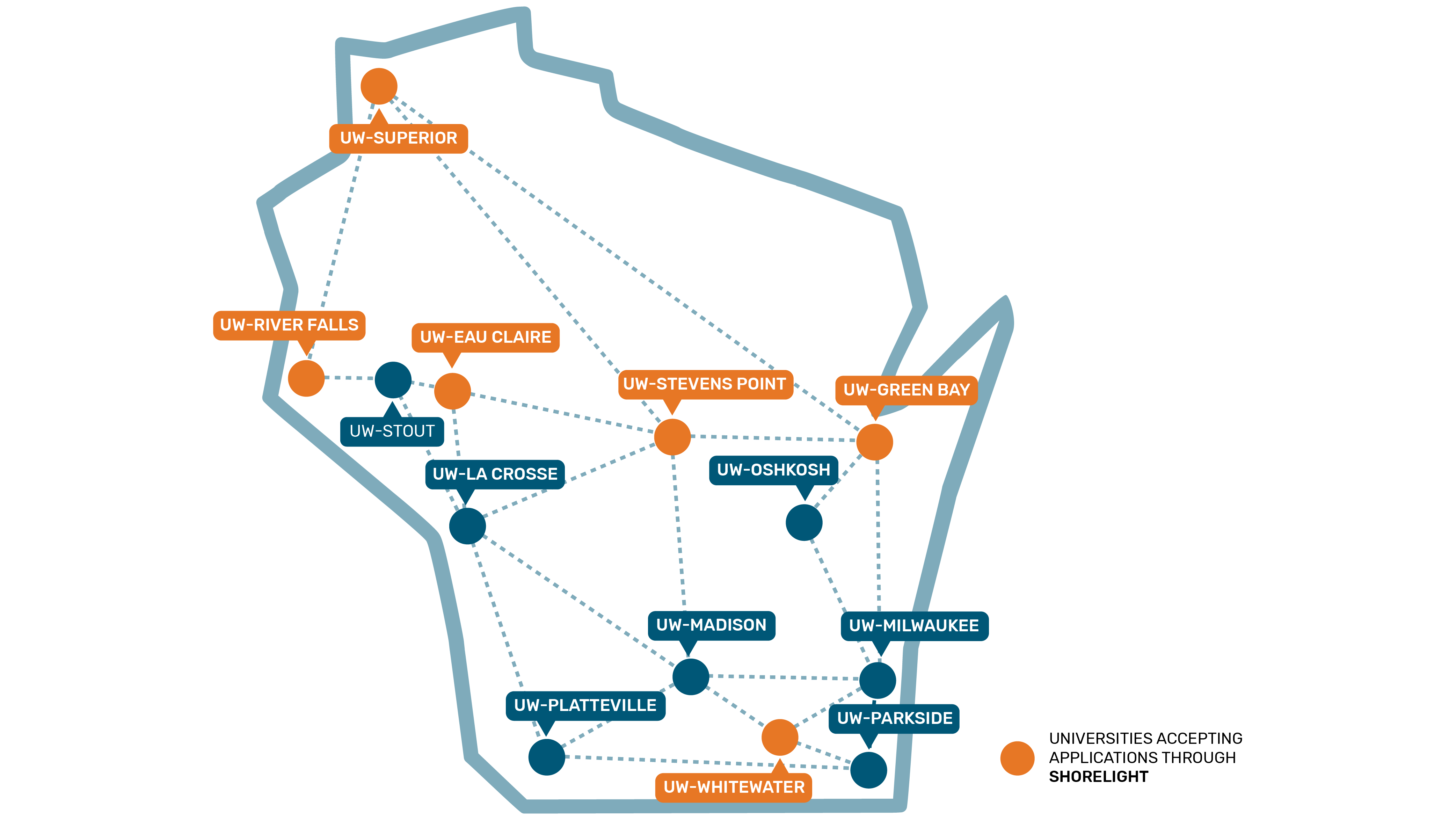 This illustration shows a map of Wisconsin with location points for every University of Wisconsin campus