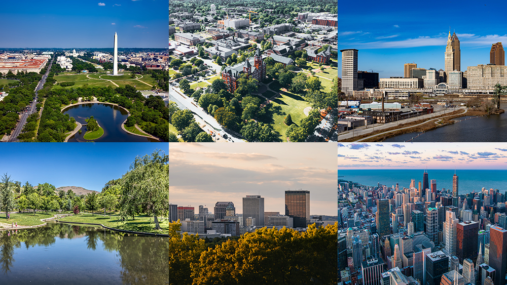 A grid of several US cities where international students can stay for the summer: Washington, DC; Auburn, Alabama; Cleveland, Ohio; Chicago, Illinois; Dayton, Ohio; and Salt Lake City