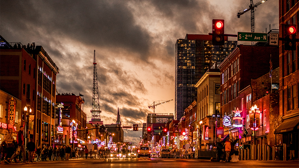 Downtown Nashville near Belmont University glows at sunset.