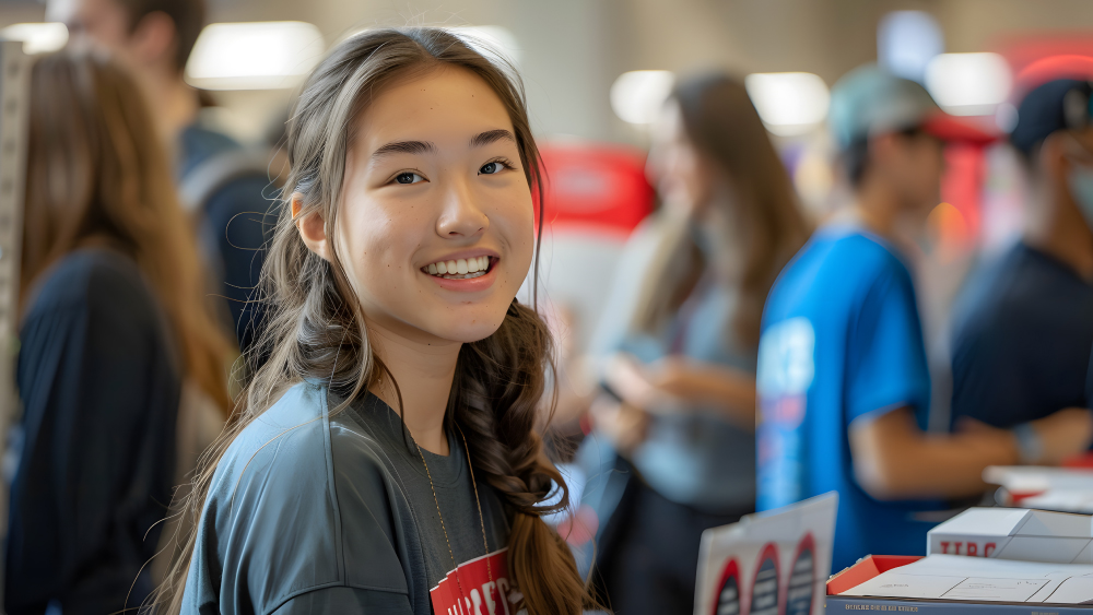 An Asian female international student volunteers for her extracurricular activity at her US university