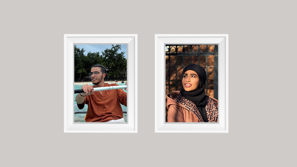 Two framed images of Saudi students at the University of South Carolina, Ali and Fatimah, sit side by side.