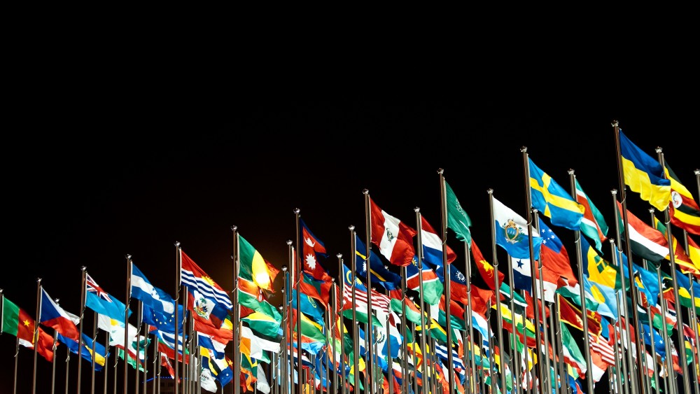 A row of international flags fly against a black background