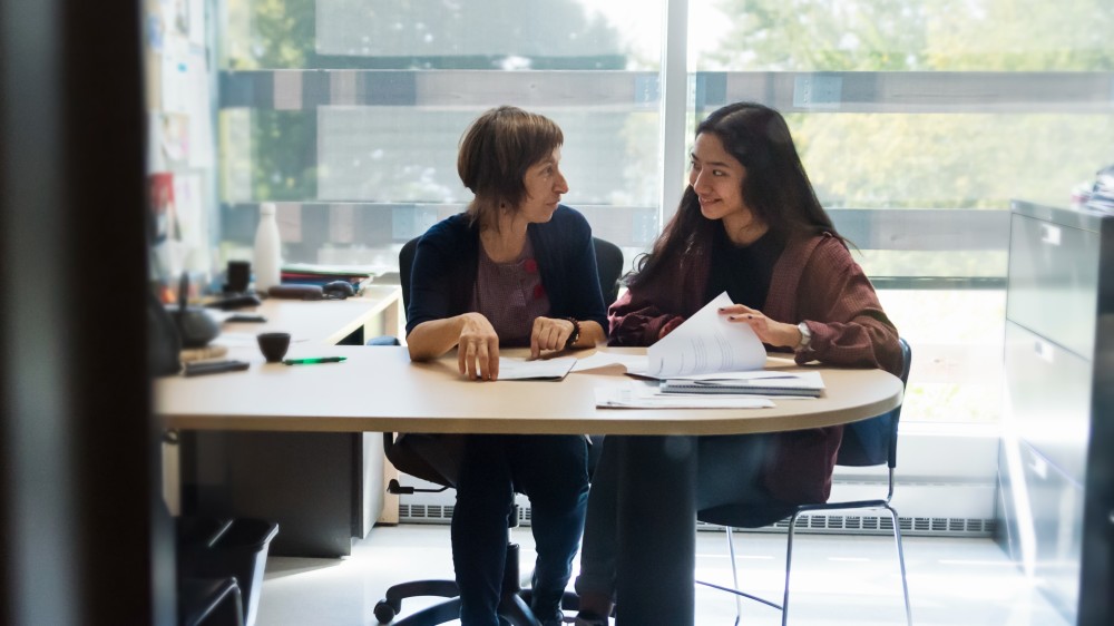 Two women, an international student and a counselor, discuss possible US university majors, while sitting at a desk.