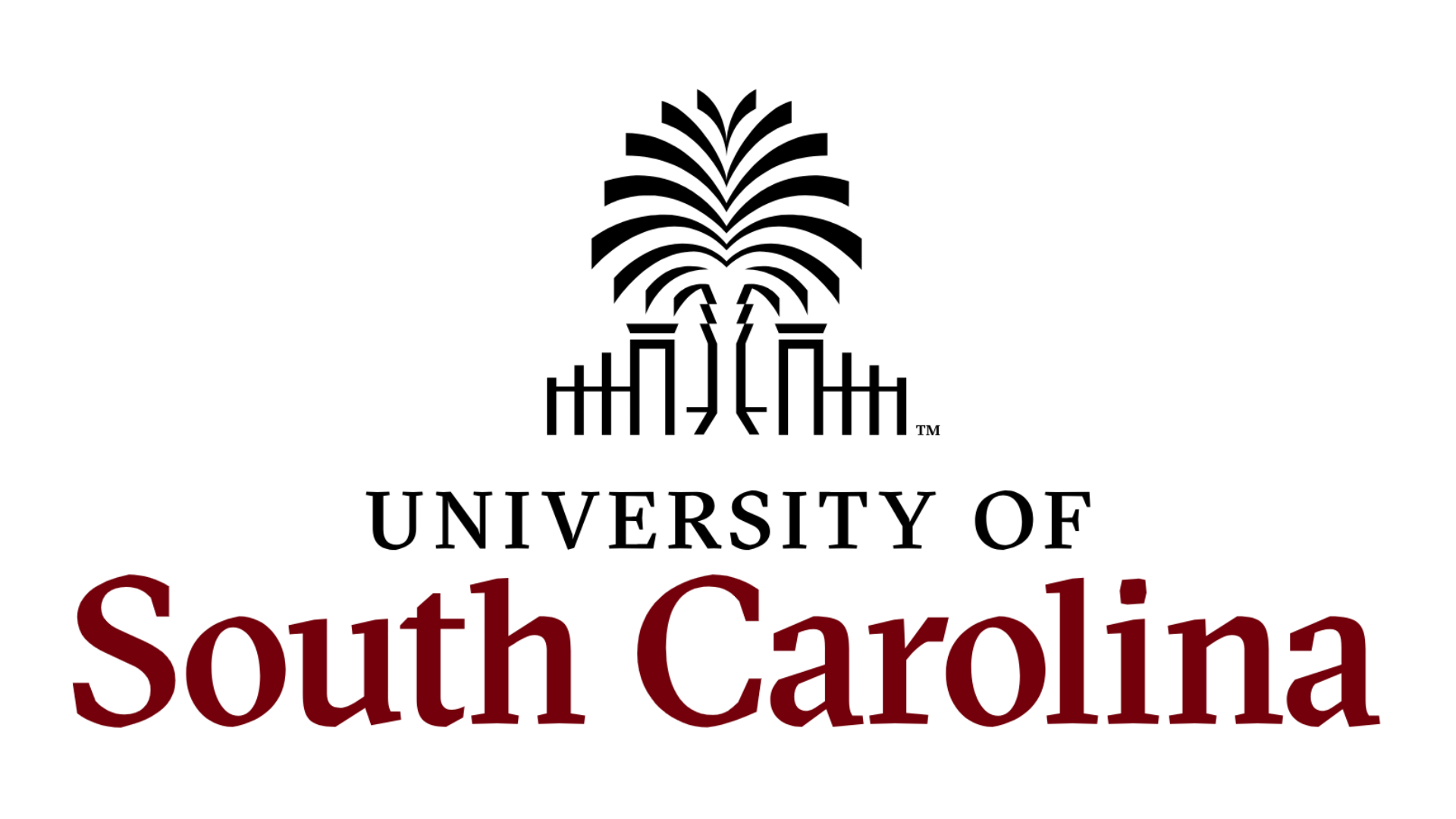 The logo for the University of South Carolina shows a palm tree over a gate and fence