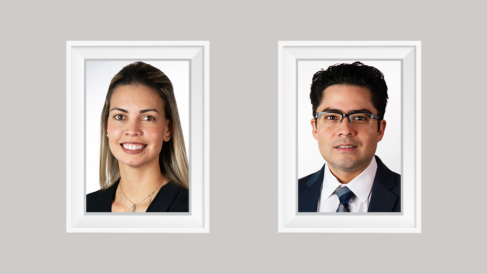 Two framed images of UTSA engineering professors Dr. Maria Gonzalez Porras and Dr. Arturo Montoya sit side by side