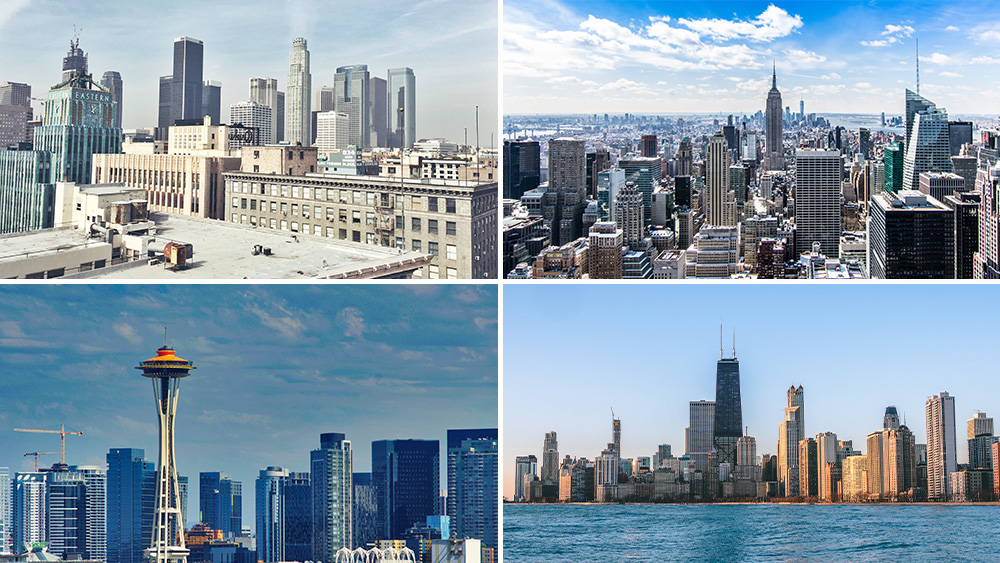 Images of four cities that are great for Korean students studying in the US - Los Angeles, New York, Seattle, Chicago - sit side by side in a grid
