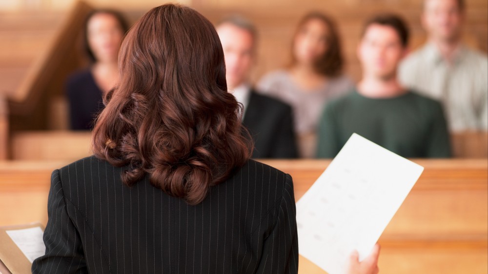 An attorney wearing a pinstriped suit stands with her back to the camera facing a jury in the background.