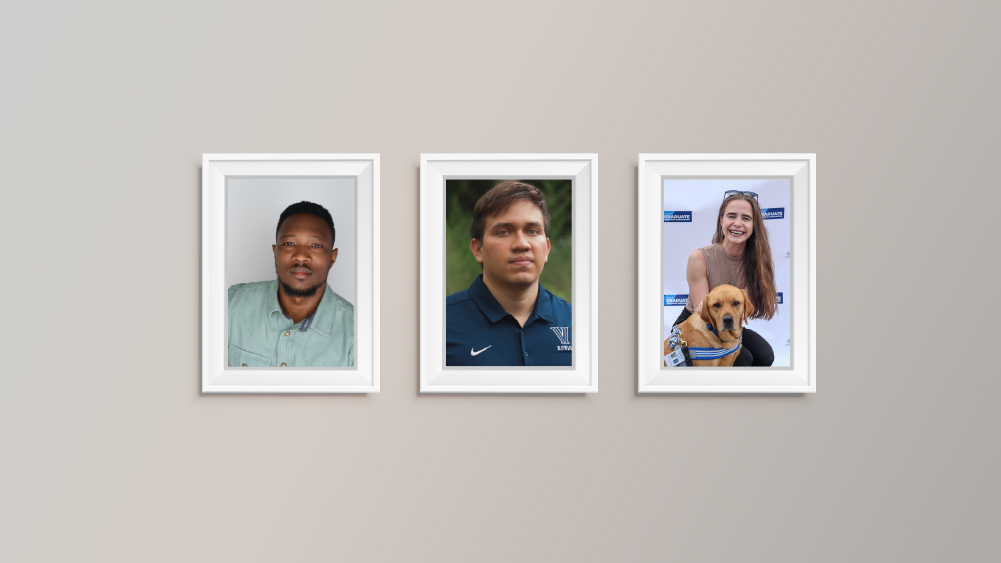 Framed headshots of David, Luis, and Nika, three international students at Villanova University, hang side by side on a wall