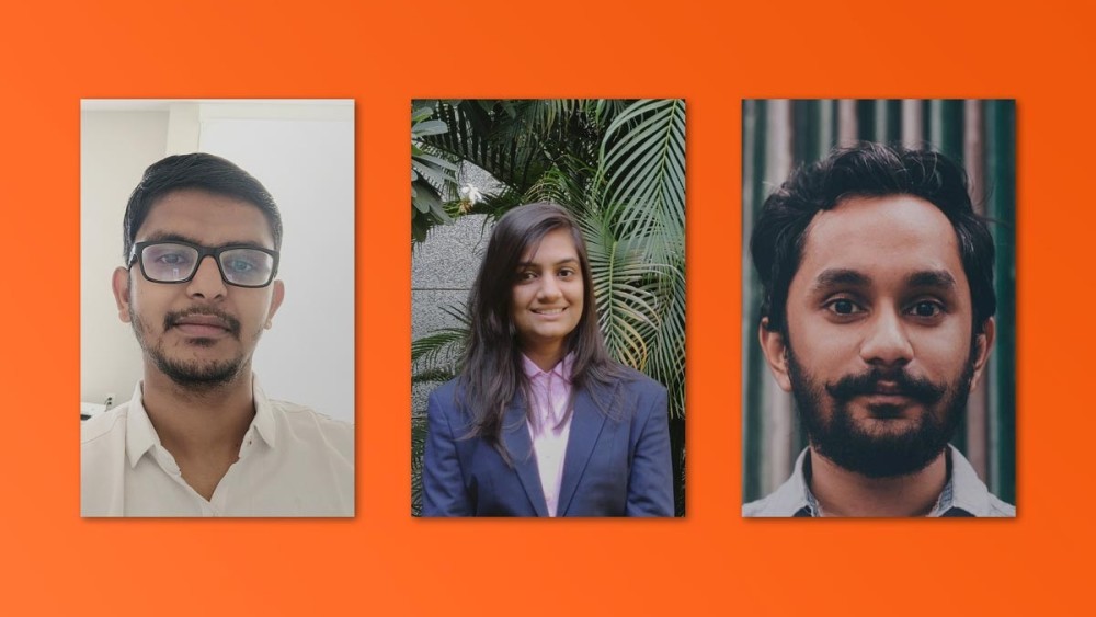 A composite image of three international students at the University of the Pacific smiling for the camera in front of an orange background