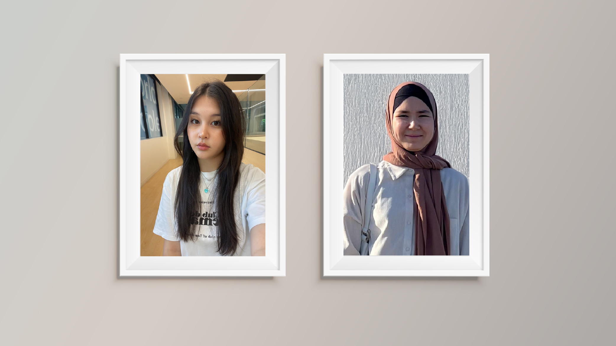 This image features framed photos of Amina and Khadicha, two female international students from Kazakhstan and Kyrgyzstan, respectively, side by side. 