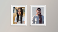 This image features framed photos of Amina and Khadicha, two female international students from Kazakhstan and Kyrgyzstan, respectively, side by side. 