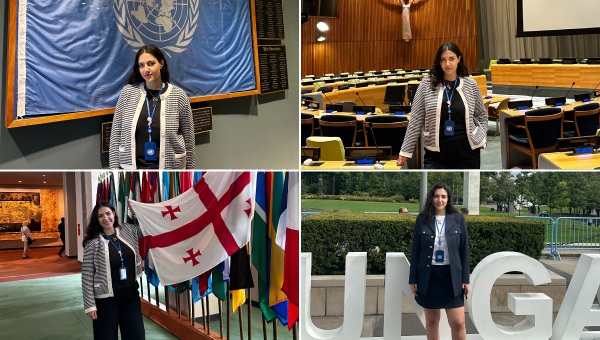 A grid of images of Mariam, an international student from Georgia, on campus at Adelphi University and at her internship at the UN Headquarters
