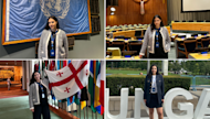 A grid of images of Mariam, an international student from Georgia, on campus at Adelphi University and at her internship at the UN Headquarters