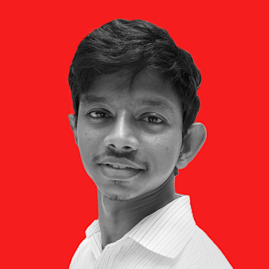 This headshot shows Reyan Perumal, a copywriter for Surge Global and Shorelight, against a red background