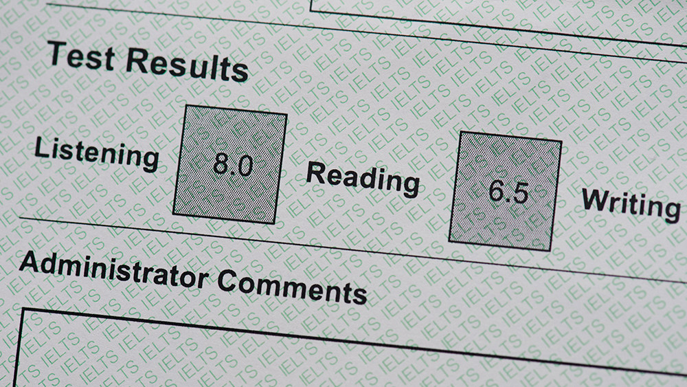 This photo shows a close up of the results report for a score on the IELTS test for international students who have learned English and are planning to apply to university in the USA.