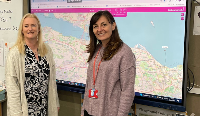 Cramond Primary School noise monitor. June McClung and teacher Leslie Davies.