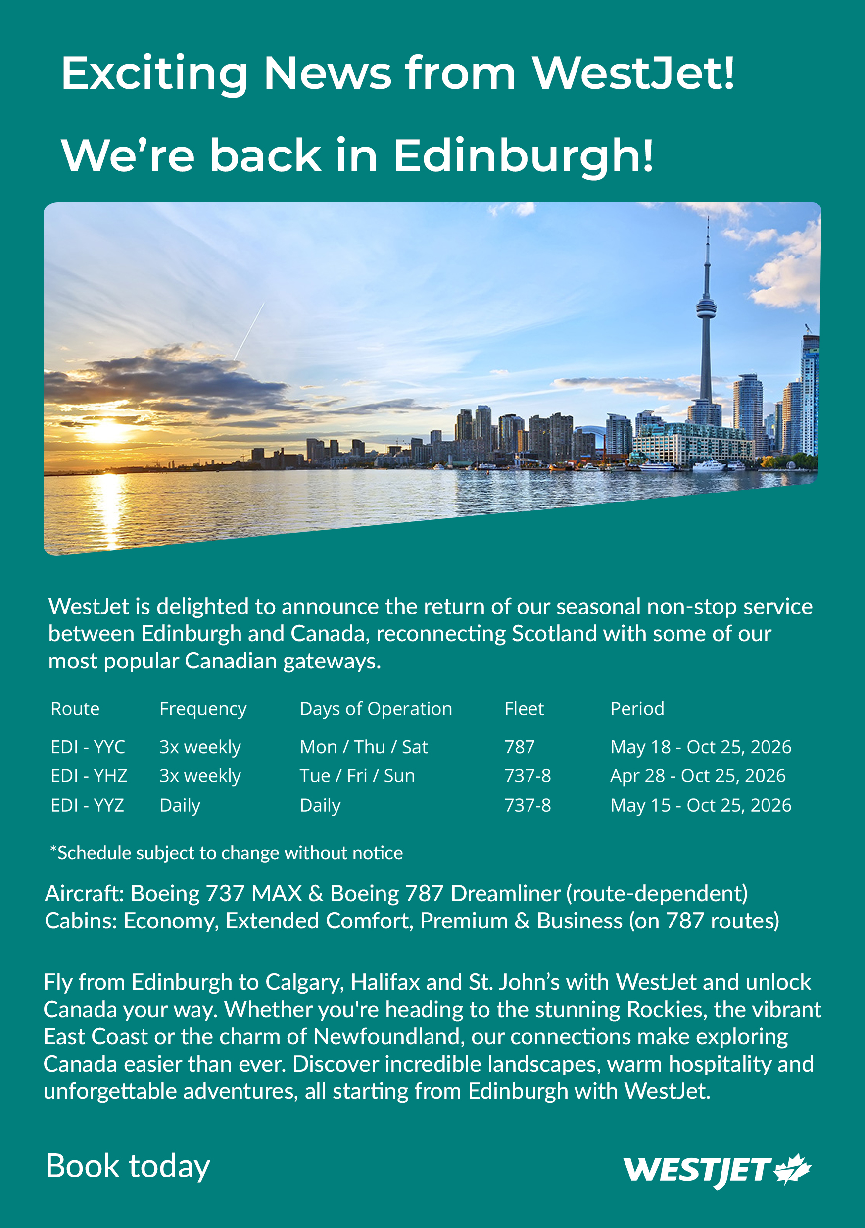 WestJet is back in Edinburgh 2026!
