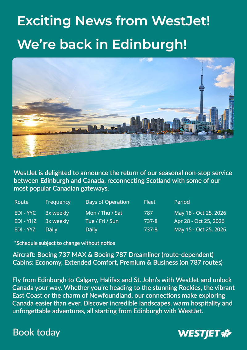 WestJet is back in Edinburgh 2026!
