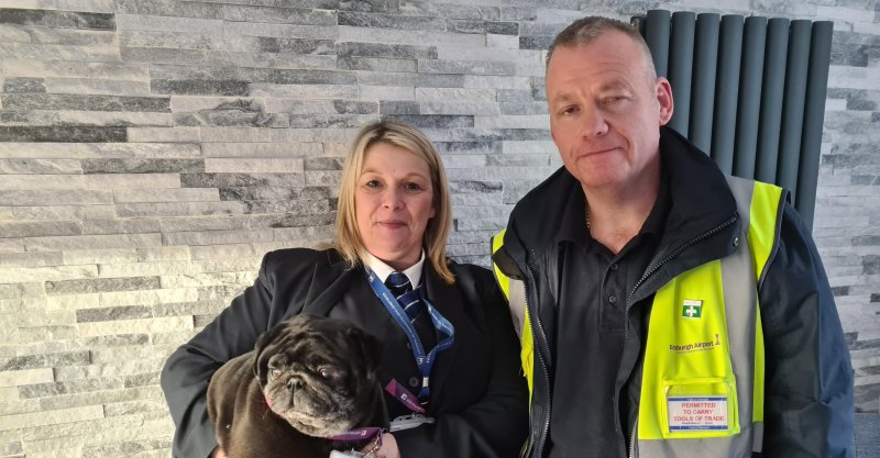 Anna and Jamie Thompson with Buppa the pug