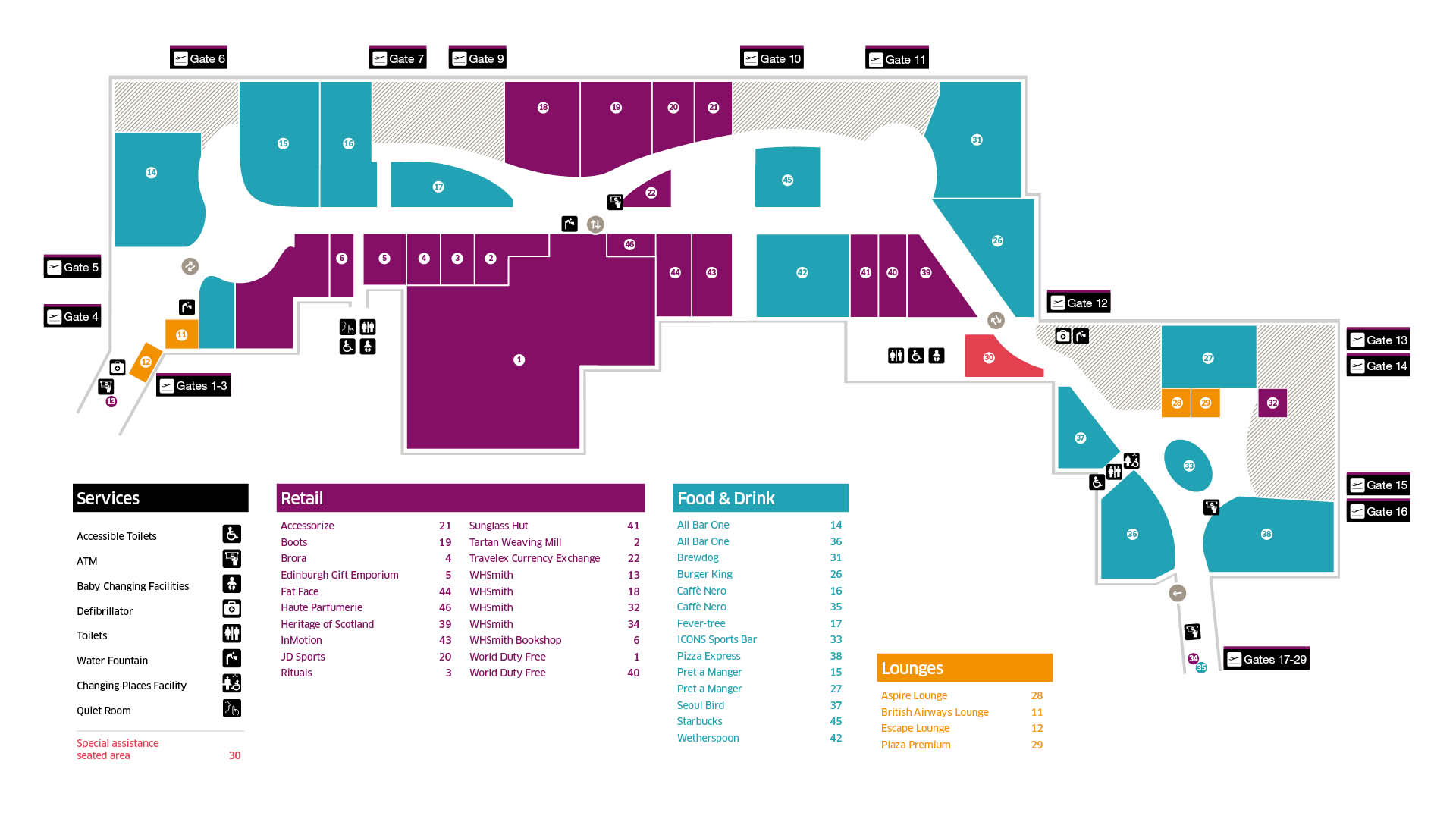 Map showing locations of restaurants and shops in the airport departure lounge, including WHSmith, World Duty Free, and Starbucks.