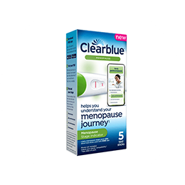 A blue and white box with a blue Clearblue logo and product name. The box features the image of a digital menopause test and text indicating its results help you understand your menopause journey.