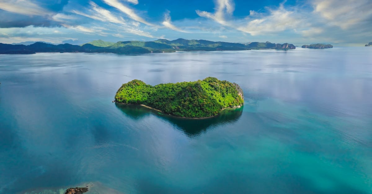 Green island in calm ocean water on sunny day