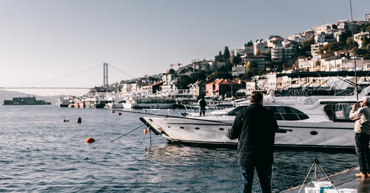 People catching fish with rods on shoreline with yachts