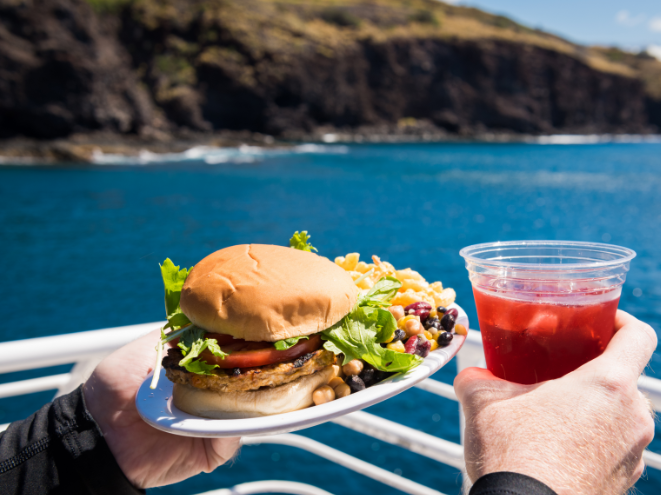 Burger and drink on the boat