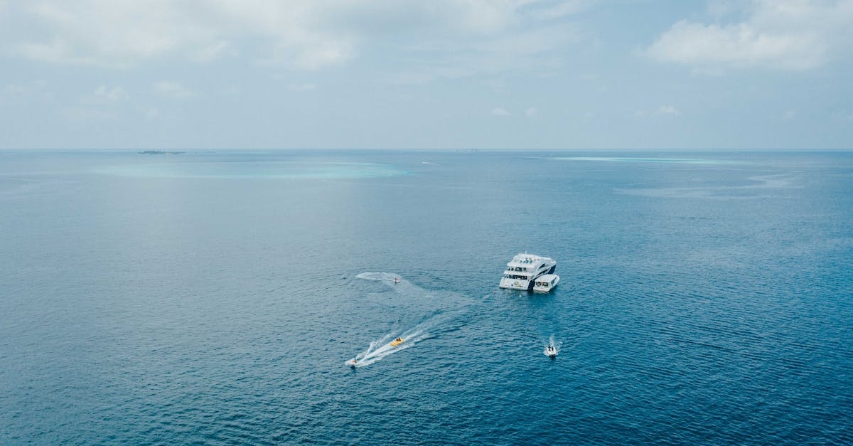 Aerial cruise ship and motorboats floating on blue sea