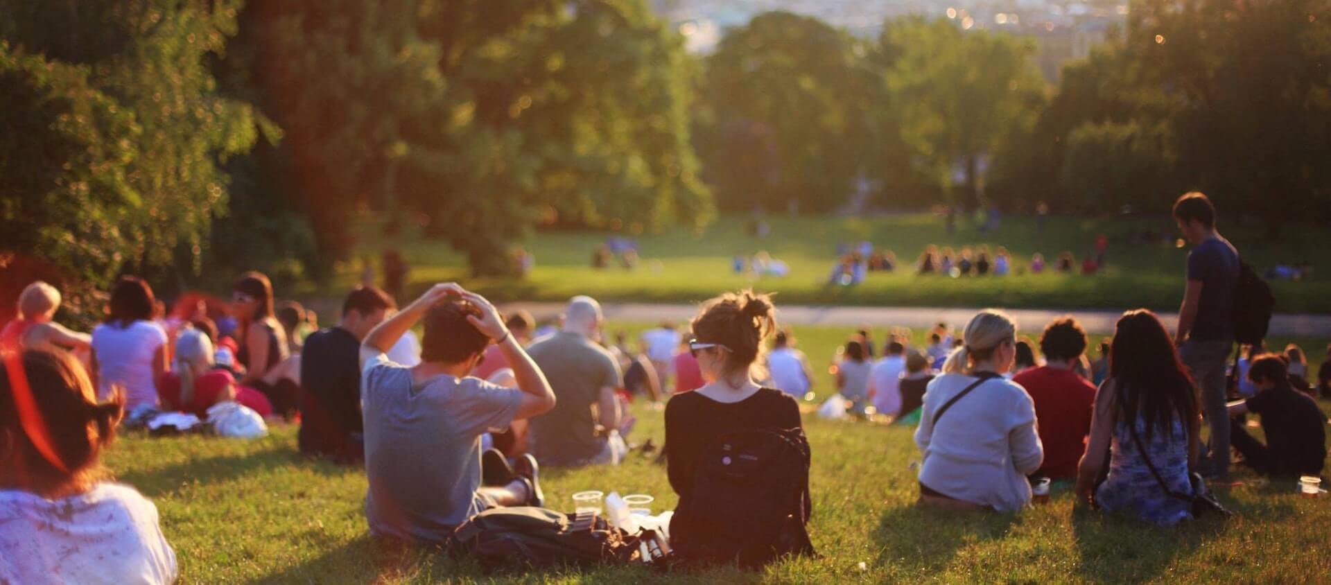 people sitting in park on sunny day talking