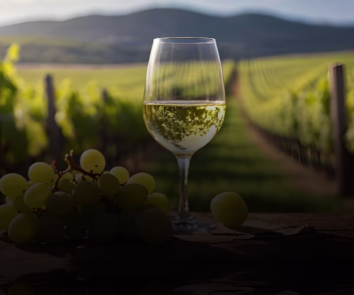 Glas Weißwein mit Weinbergen im Hintergrund. Idyllische Sommerabendstimmung - shöpping.at