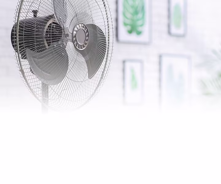 Standventilator im Wohnzimmer mit Pflanzen im Hintergrund