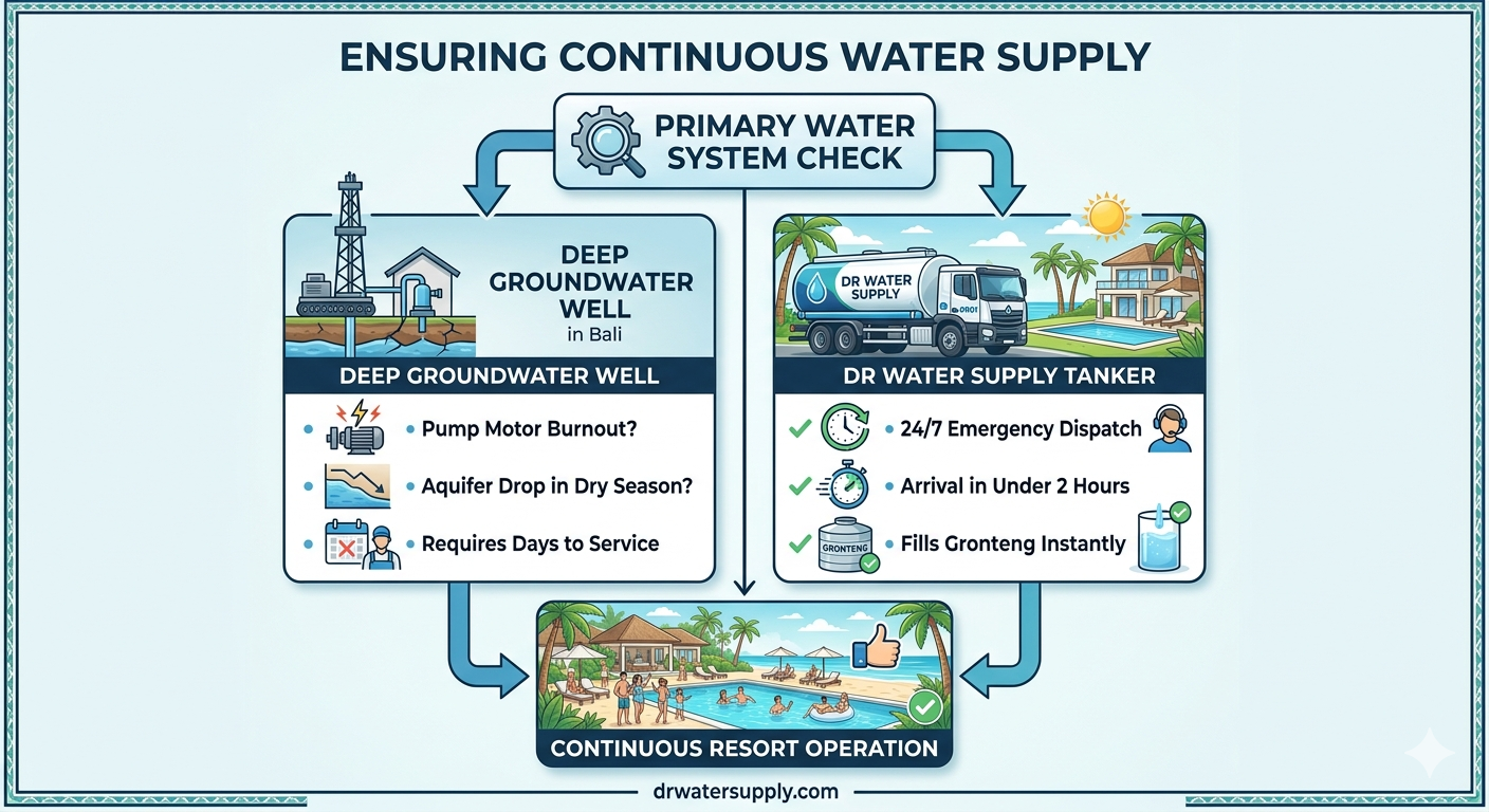 Operational flowchart demonstrating resort continuity using emergency bulk water tanker dispatch during a primary well pump failure