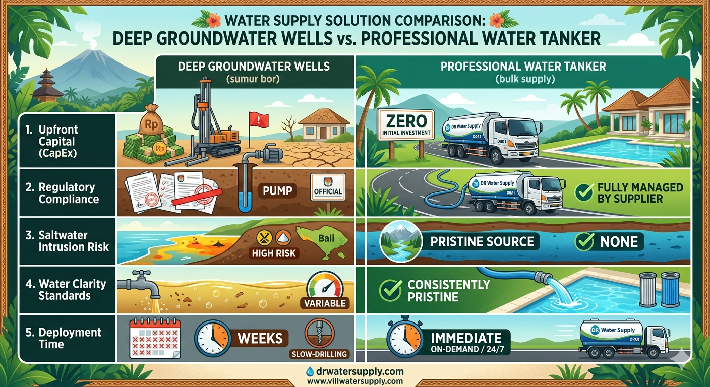 comparison table showing operational costs, compliance, and water quality metrics for water tankers vs groundwater wells in Bali