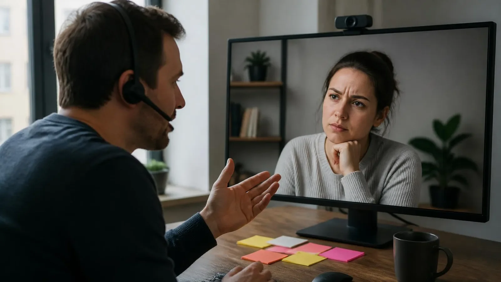 Sales rep with a headset talking to a live, real-time AI avatar on a monitor during roleplay training