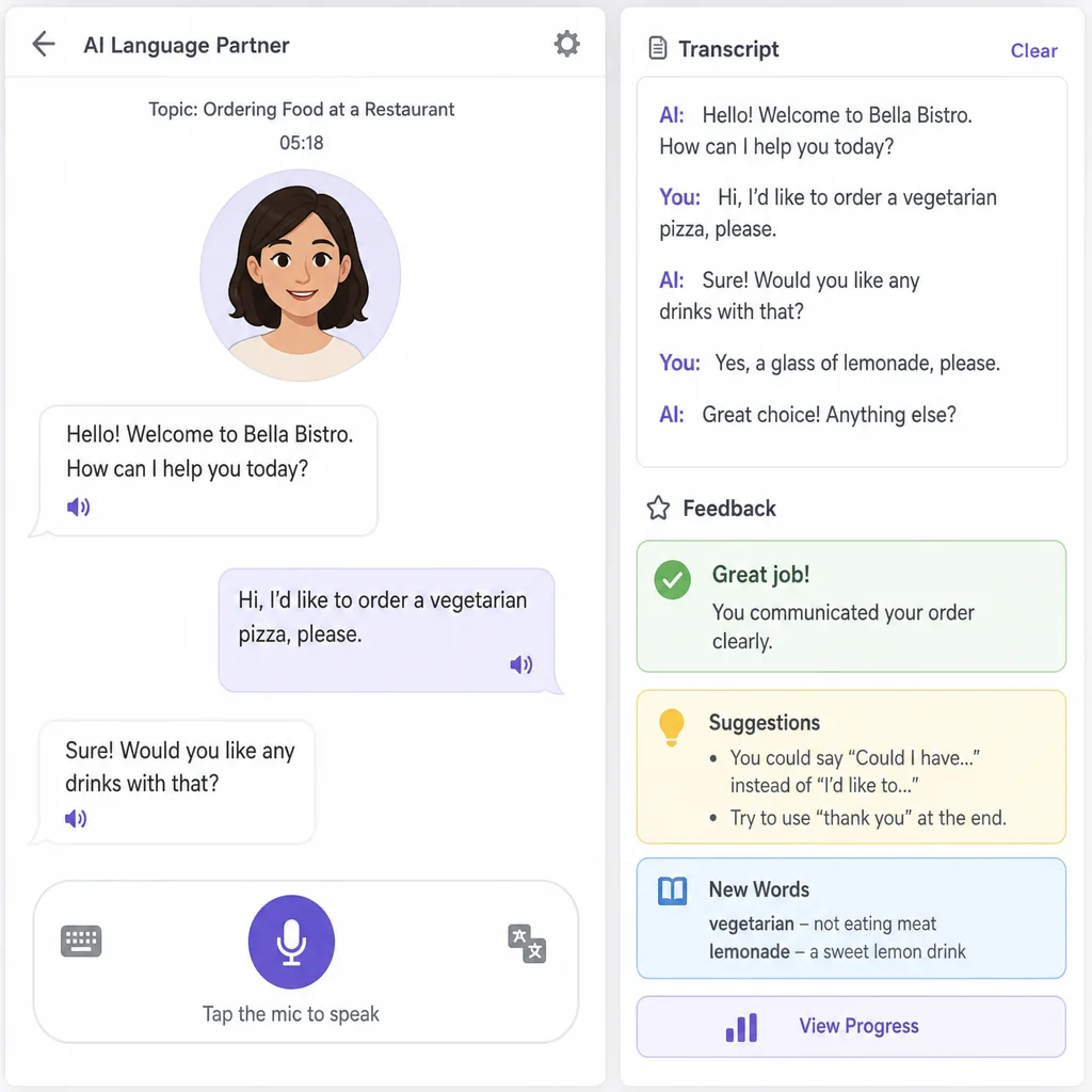 Learner using an AI language app for voice conversation practice with transcript and feedback panels
