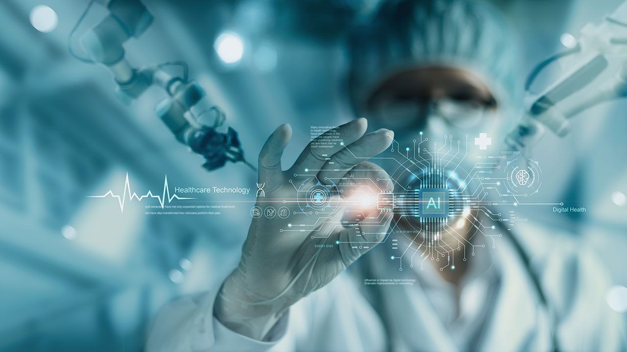 A clinician in a lab coat interacting with a digital AI interface, representing the AI technology behind simulation-based training for pharmaceutical and life sciences commercial teams.