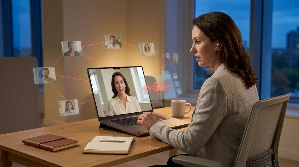 A remote sales rep on a video call, connected to distributed teammates