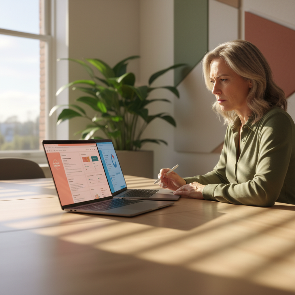 L&D leader comparing two AI roleplay platforms on side-by-side laptops