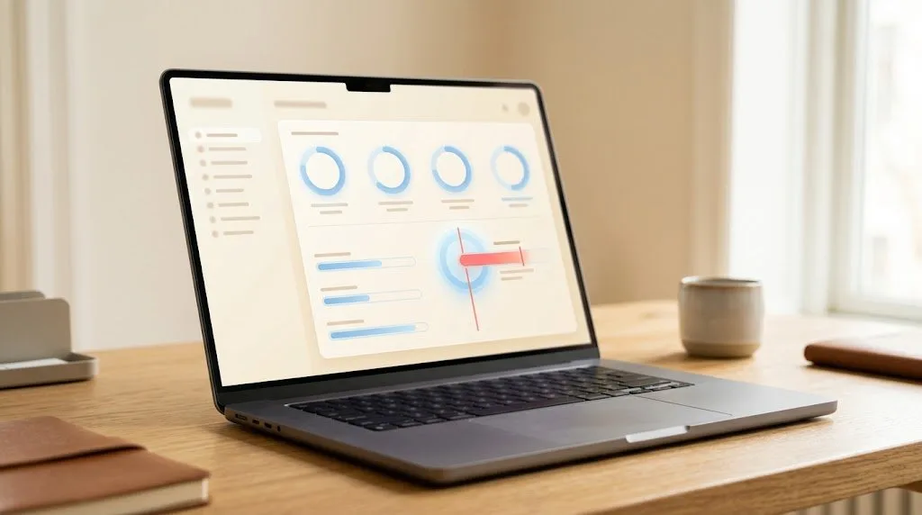 A leadership simulation scorecard with skill ratings displayed on a laptop