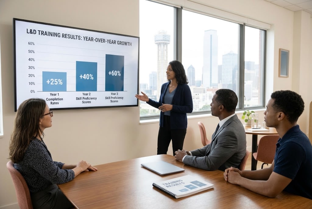 L&D leader presenting training ROI results to executives in a meeting room