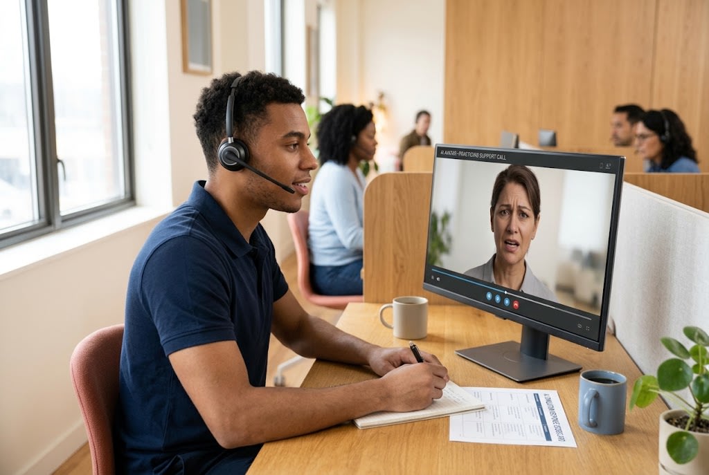 New call center agent wearing a headset practicing a customer call with an AI avatar on screen