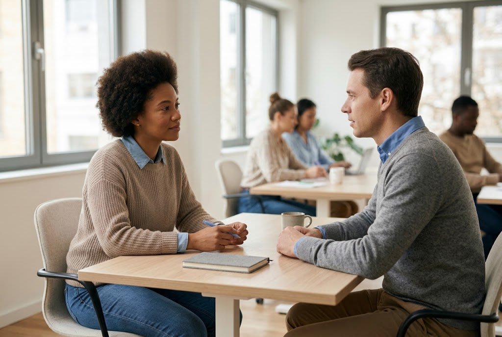 Sales rep practicing a pitch one on one during a sales masterclass session