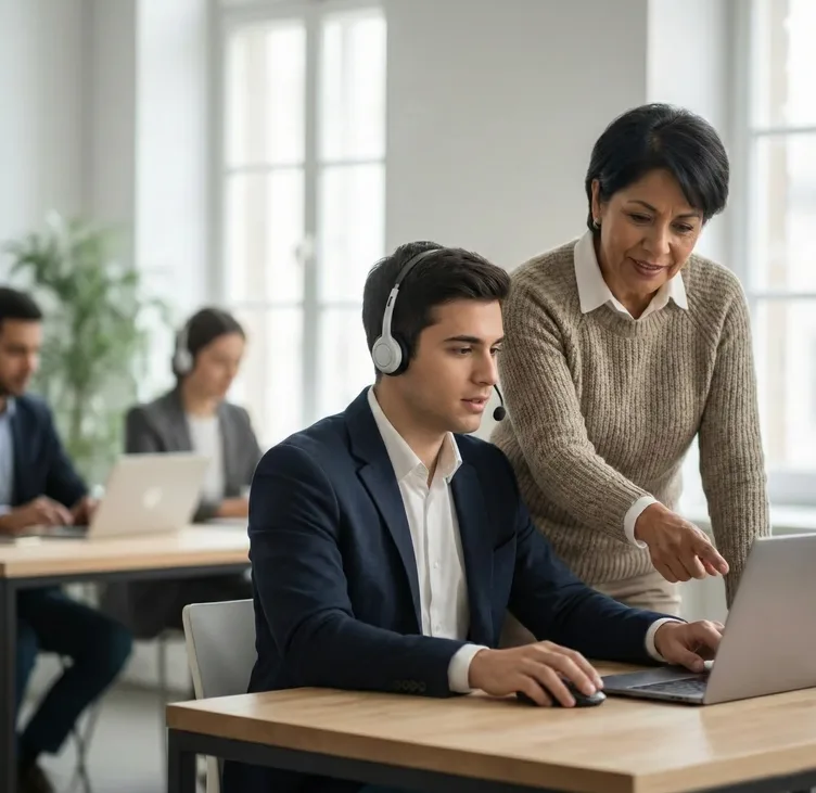 Manager coaching a headset-wearing contact centre agent at their desk after an AI roleplay simulation