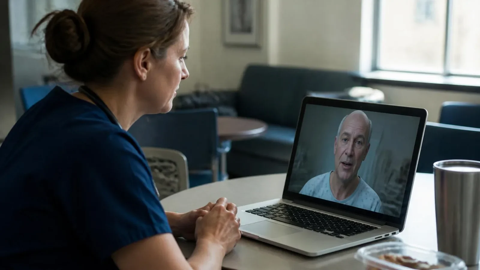 Nurse educator practicing a patient conversation with a real-time 3D AI avatar on a laptop