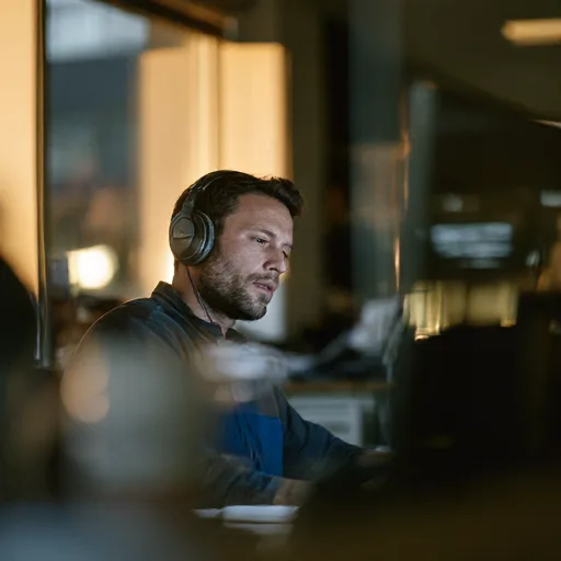 A manager wearing headphones practicing a feedback conversation at his desk after hours