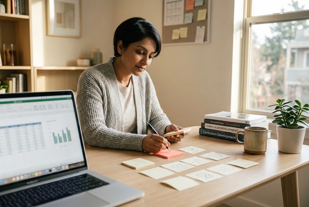 An instructional designer planning an AI roleplay scenario with sticky notes at her desk